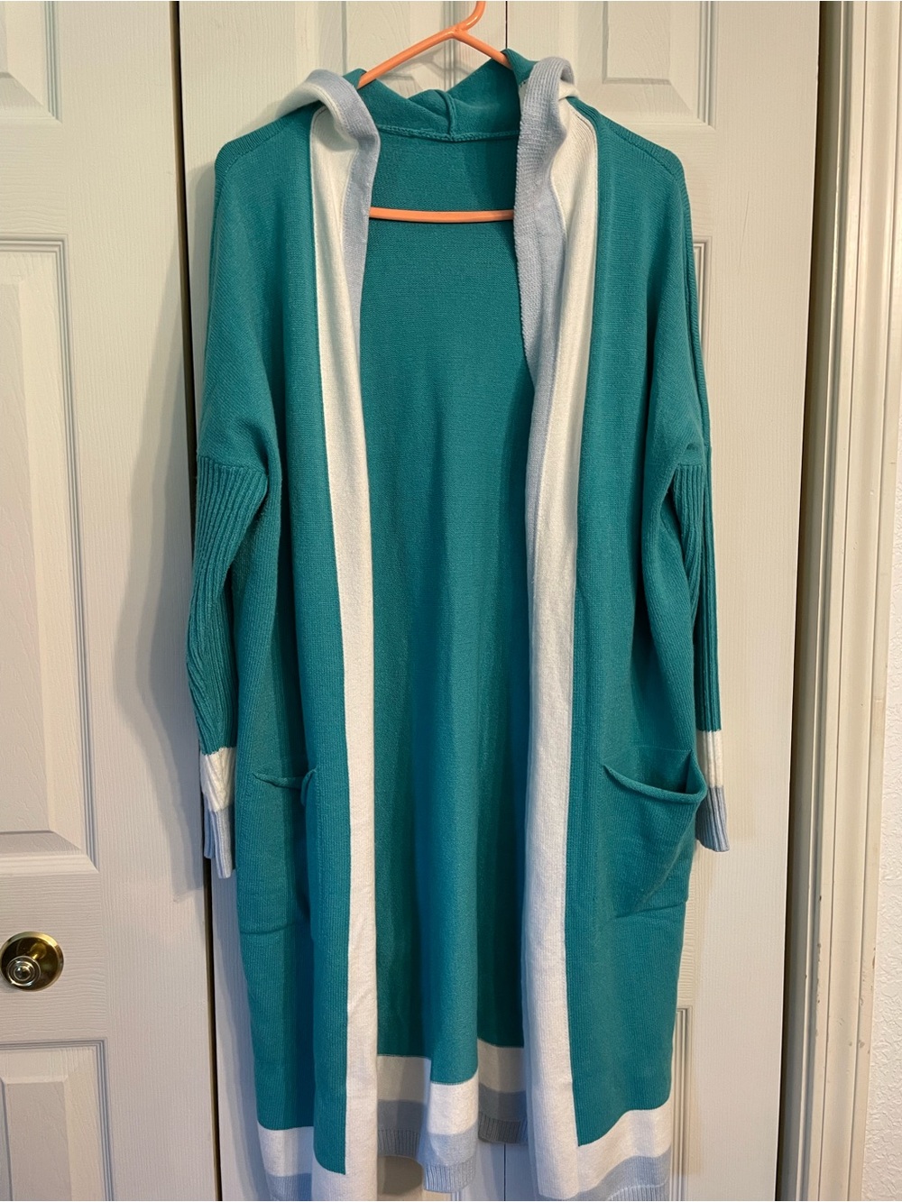Open-Front Teal Hooded Long Cardigan with White Trim